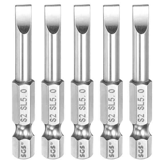 5pcs SL5 Slotted Screwdriver Bits 5mm Slotted Tip 1/4" Hex Shank 50mm (2") Long Magnetic Flat Head S2 Steel Screw Driver Drill Bits Industrial Power Tools