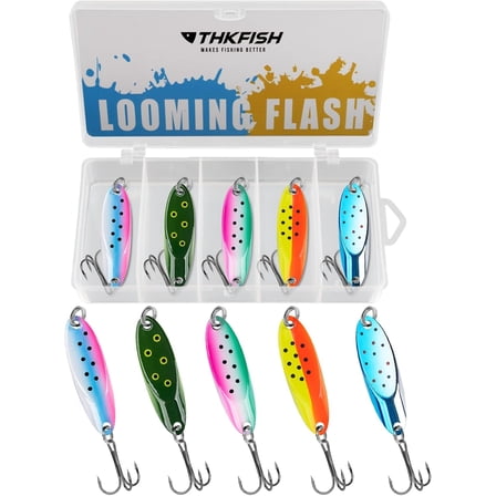 5pcs Saltwater Fishing Lures with Ultra-Sharp Hooks, Fishing Spoons Jigging Lure for Trout, Bass, Crappie, Pike, Walleye with Tackle Box