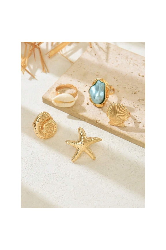 5pcs/Set Goldtone Ocean Theme Starfish Shell Baroque Faux Pearl Ring Set In Color 4551