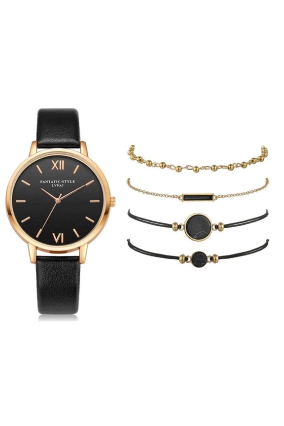 5pcs Set Leather Quartz Watch