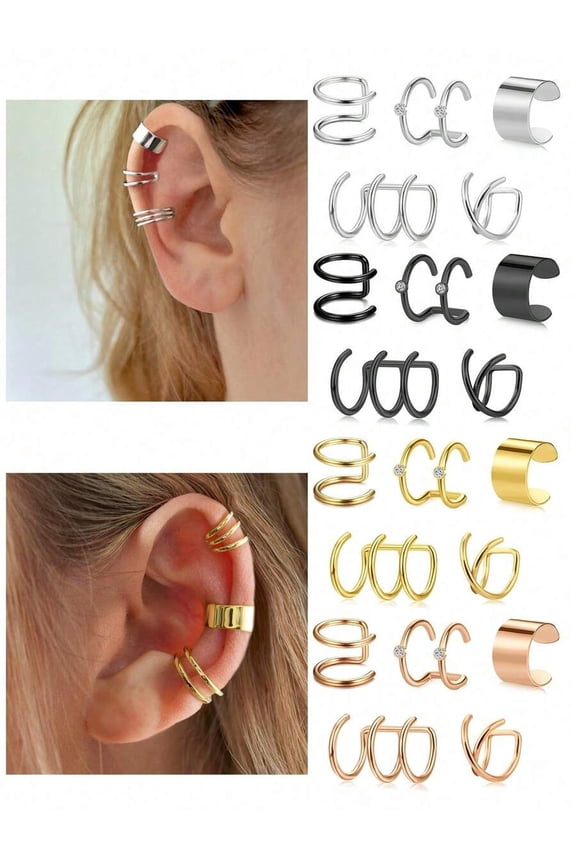 5pcs/Set Stainless Steel Rose Gold Ear Cuff Fake Helix Cartilage Clip-On Wrap Earrings Non-Piercing Adjustable For Adults