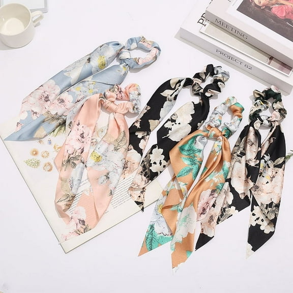 5pcs Silk Hair Scarf Scrunchies, Ribbon Bow Scrunchie with tail, Flower Printed Hair Ribbon Ties, Floral Hair Scrunchies
