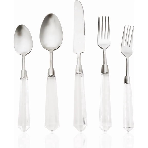 5pcs Silver 304 Stainless Steel Flatware Cutlery Set with Transparent Acrylic Handle Diamond Shape, Matte Knife Fork Spoon Set, Dishwasher Safe for Home Wedding Hotel