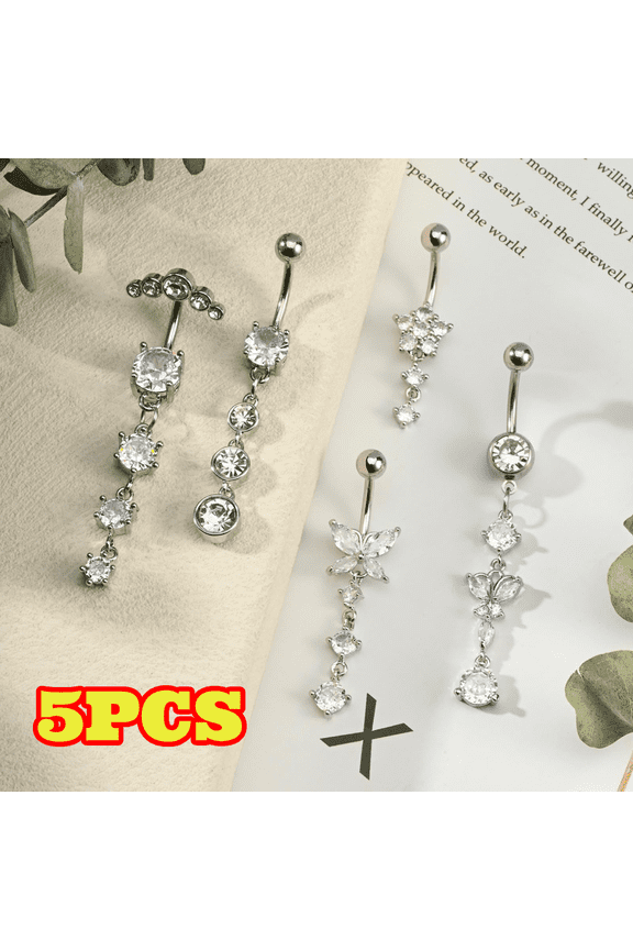 5pcs Silver Belly Button Rings for Women, 14G Surgical Steel CZ Butterfly Dangle Belly Piercing Jewelry