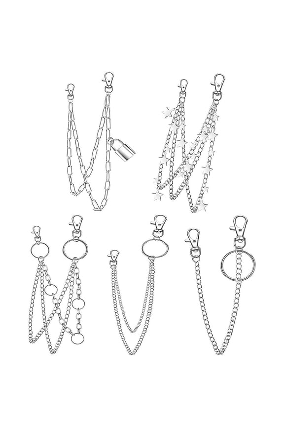 5pcs Silver Jeans Pants Chain Belt Goth Grunge Chain Pocket Waist Chain with Star Moon Snake Lock Decorations for Women/Men