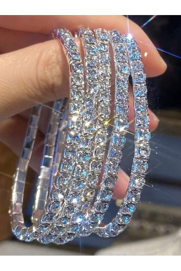 5pcs Silver Sparkling Crystal Rhinestone Stretch Bangle Set, Elegant Party Bling Bangles For Women