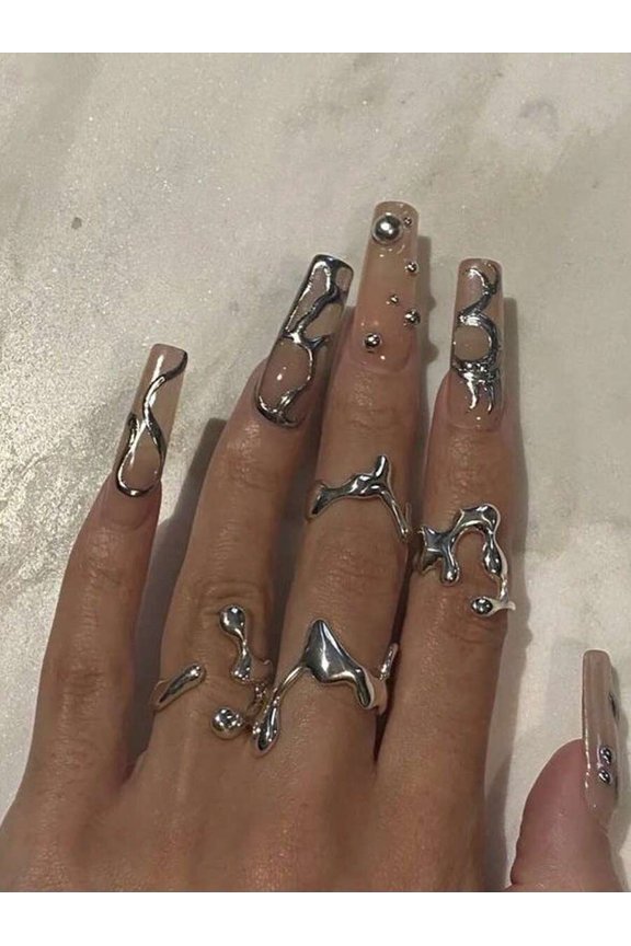 5pcs Silver Tone Water Drop Design Stackable Geometric Rings Set For Women Daily Party Accessories