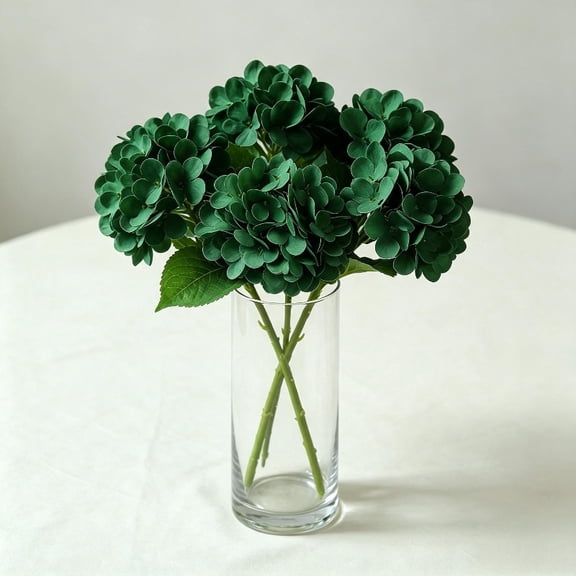 5pcs Small Dark Green (86 Petals) PREMIUM HYDRANGEA ARTIFICIAL FLOWER WITH MOISTURE TOUCH, Lifelike Faux Bloom for Wedding Decor Home Living Room Table Centerpiece