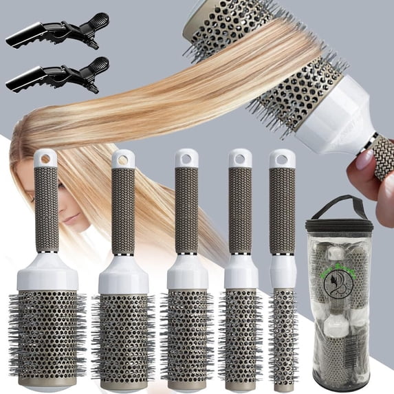 5pcs Small and Large Round Brush for Blow Drying Thermal Ceramic & Ionic Tech Round brushes Set for Girls/Women Salon Blowout & Styling,Short and long Curling Hair brush for blow drying at Home
