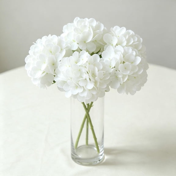 5pcs Small White (86 Petals) PREMIUM HYDRANGEA ARTIFICIAL FLOWER WITH MOISTURE TOUCH, Lifelike Faux Bloom for Wedding Decor Home Living Room Table Centerpiece