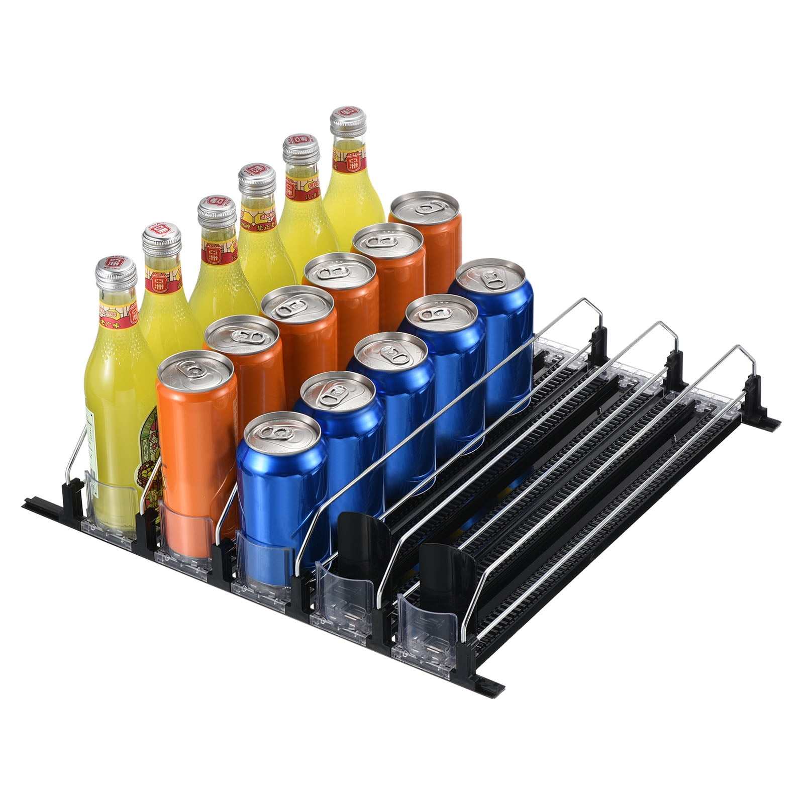 BUDO Drink Organizer for Fridge, Self-Pushing Soda Can Bottles Dispenser  for Refrigerator, 5 Row Width Ajustable, Black, 14.96 Depth