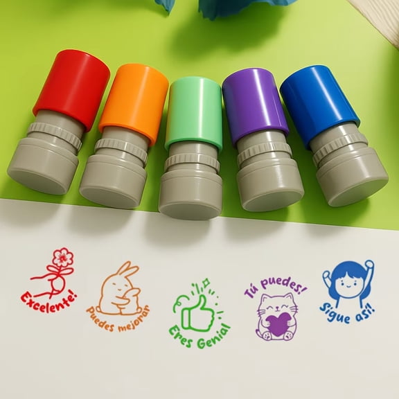 5pcs Spanish Inspirational Stamp Set for Classroom Motivation and Praise - Perfect Teacher Supplies for Homework Grading
