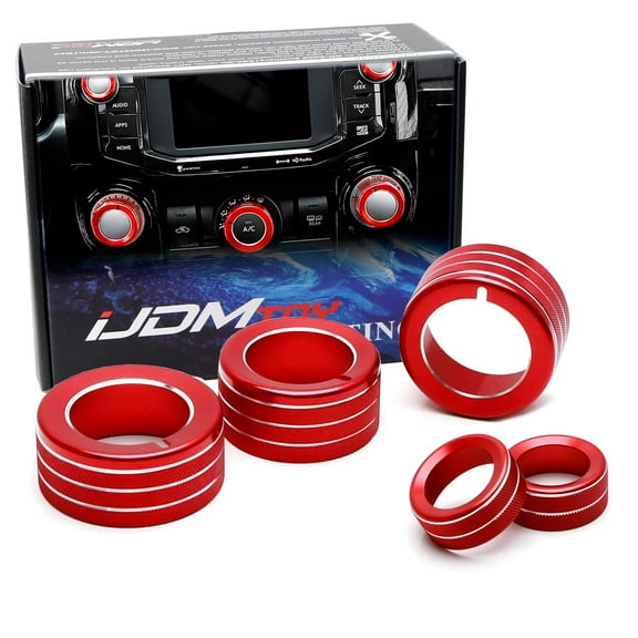 5pcs Sports Red Anodized Aluminum AC Climate Control Turner & Audio Volume Switch Covers Decoration For Toyota 2010-2019 4Runner w/ 6.1-Inch Navigation Screen