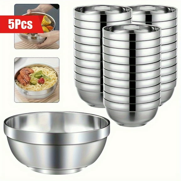 5pcs, Stainless Steel Bowl, Double Insulated Serving Bowl, Insulated Bowl, Salad Bowl, Noodle Bowl, Suitable for Cereal Soup, Ice Cream, Dessert Bowl, Soup Bowl, Dishwasher, Kitchen Utensils, Cutlery