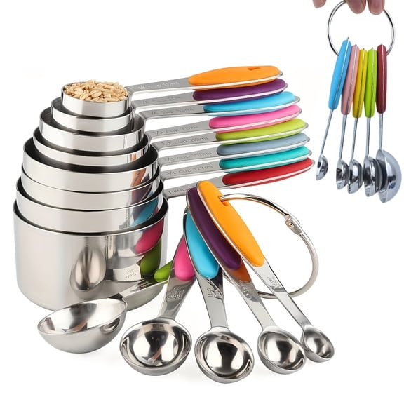 5pcs Stainless Steel Measuring Spoon Set with Non-Slip Silicone Handle - Teaspoon, Tablespoon, Dessertspoon, for Cooking & Baking with Volume Markings, Dishwasher Safe Kitchen Tools