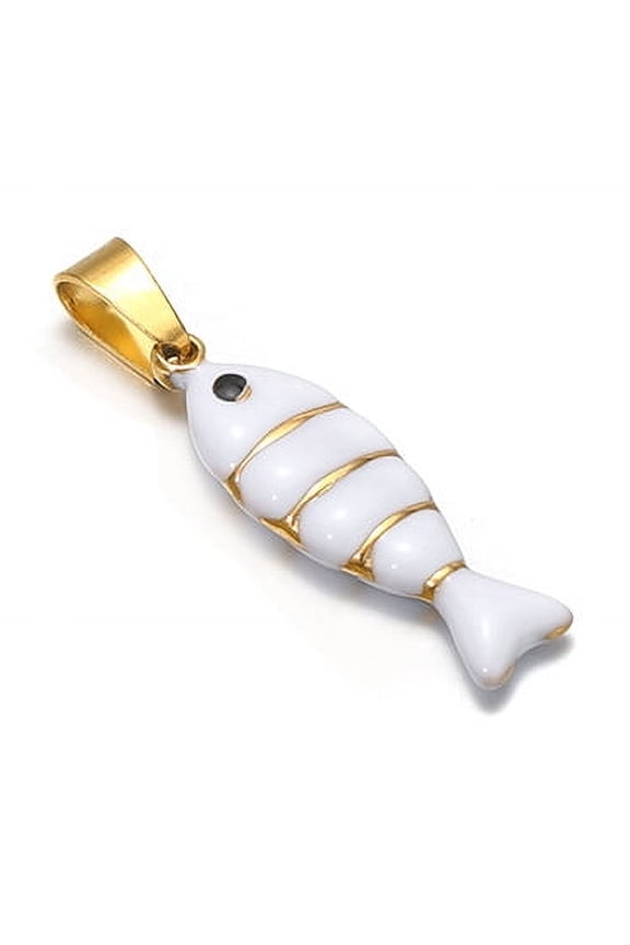 5pcs Stainless Steel Pendants with Enamel Golden Sardine Fish Charm White 22x7mm
