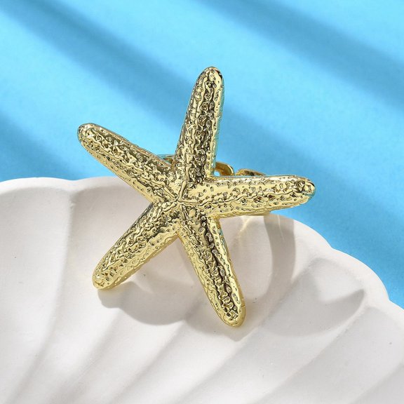 5pcs Starfish Brass Cuff Rings for Women Rack Plating Long-Lasting Cadmium Free & Lead Free golden Inner Diameter: Adjustable