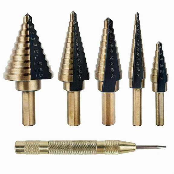 5pcs Step Drill Bits for Metal, Wood, Plastic, 50 Sizes Tri-Flat Shank HSS Titanium Step Drill Bit Set with Center Punch