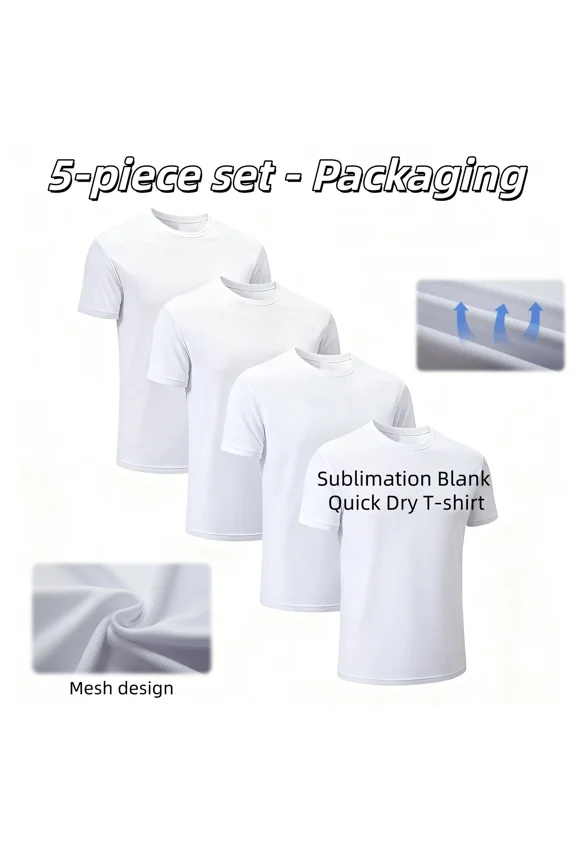 5pcs Sublimation Blank Quick Dry T-shirt Tee Tops O-neck Short Sleeve Polyester Size 2XL