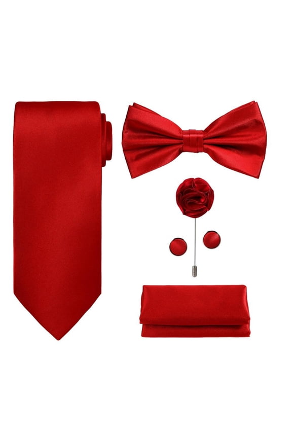 5pcs Tie Set in WHITE OR BLACK GIFT BOX: Solid Color Necktie, Satin Bow Tie, Pocket Square, Lapel, Cuff Links