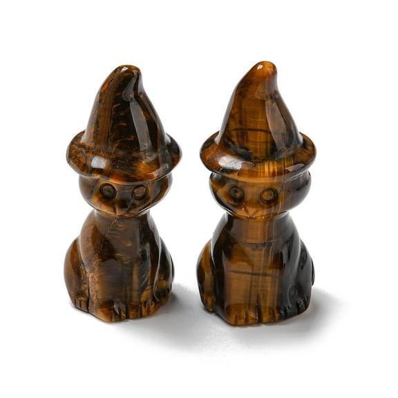 5pcs Tiger Eye Carved Cat with Witch Hat Figurines Reiki Stone Display Decorations 48~50x19~21mm
