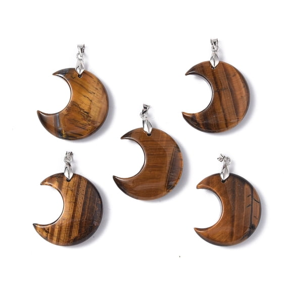 5pcs Tiger Eye Pendants Moon with Tone Brass Findings 30.5x27x9mm Hole: 4x3mm