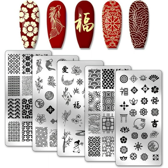 5pcs Traditional Chinese Style Nail Stamping Plates Lucky Words Panda Flower Nail Stamper Texture Nail Art Stencils Stainless Steel Nail Image Plates for New Year Manicure Salon