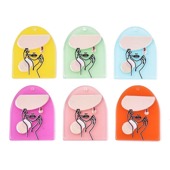 5pcs Translucent Cellulose Acetate(Resin) Pendants 3D Printed Half Oval with Woman Mixed Color 36x28x2.5mm Hole: 1.5mm DIY