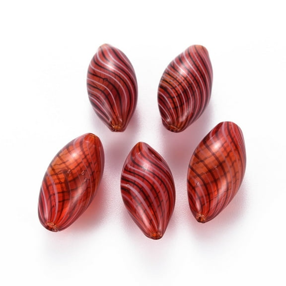 5pcs Transparent Handmade Blown Glass Globe Beads Stripe Pattern Rice FireBrick 24.5~25.5x11.5~12.5mm Hole: 1~2mm