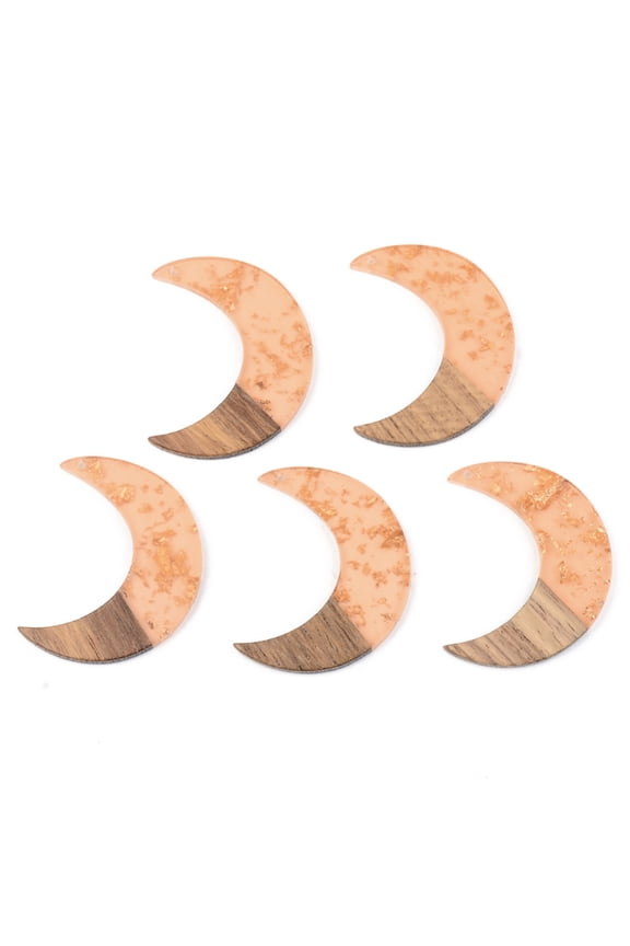 5pcs Transparent Resin & Walnut Wood Pendants with golden Foil Moon Dark Salmon 38x30x3mm Hole: 2mm