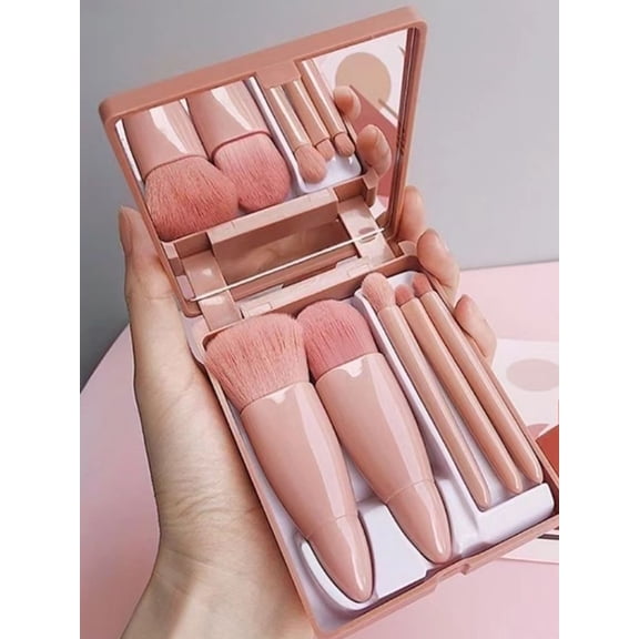 5pcs Travel Makeup Brush Set with Mirror Case, Portable Multifunctional Makeup Brushes for Loose Powder Blush, Complete Beauty Tools Kit