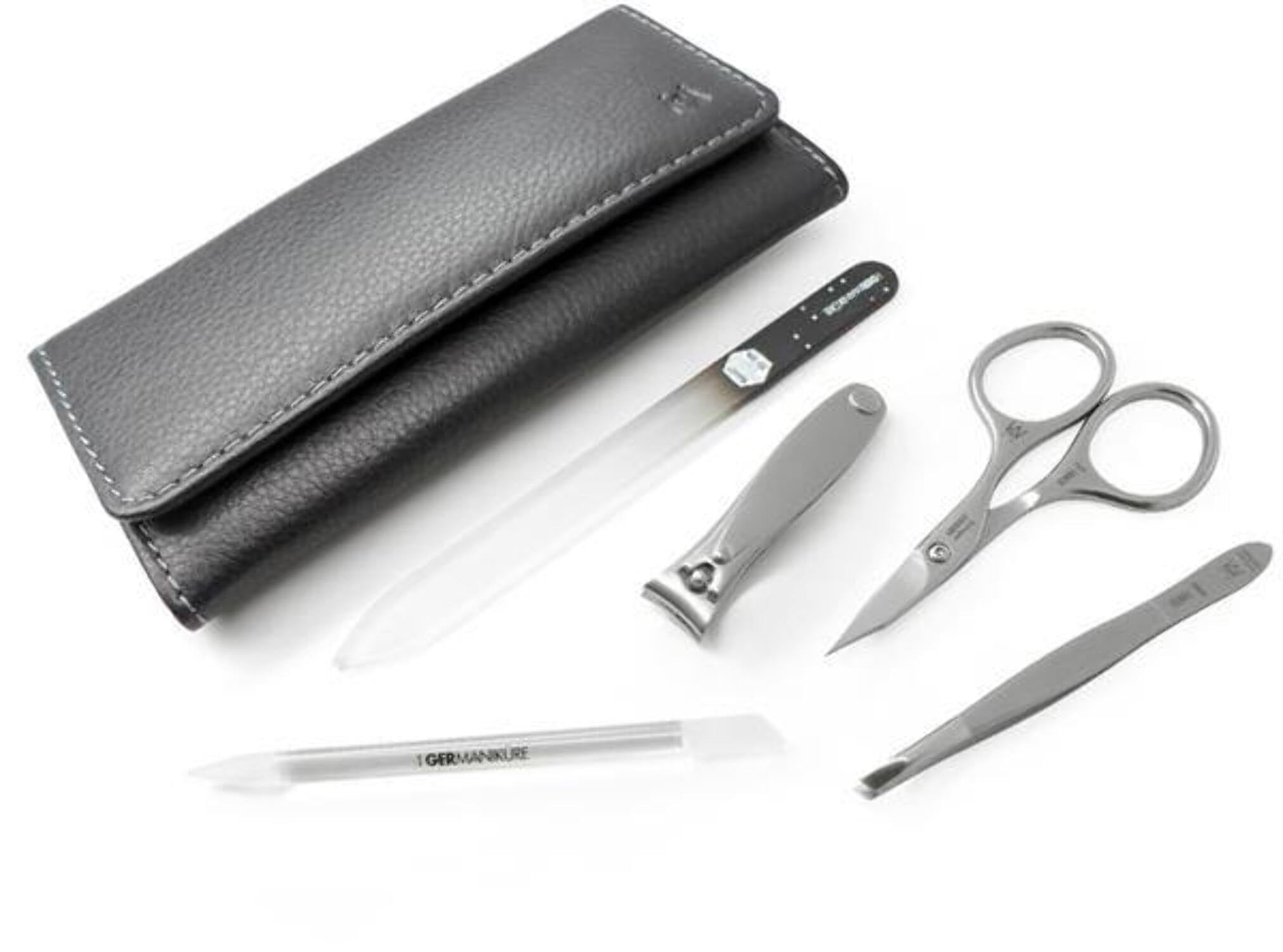5pcs Travel Manicure Nail Kit German FINOX® Surgical Stainless Steel: Clippers, Scissors, Tweezers, Glass Nails File and Stick