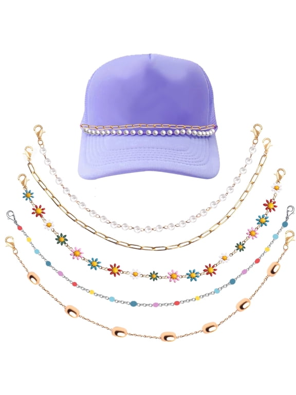5pcs Trucker Hat Chains Golden Detachable Daisy Flower Pearl Decoration Chain Metal Brass Hat Charm for Women Men DIY Mesh Baseball Caps Accessories Beach Party