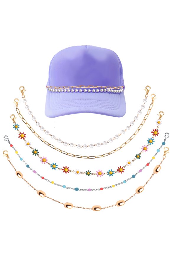 5pcs Trucker Hat Chains Golden Detachable Daisy Flower Pearl Decoration Chain Metal Brass Hat Charm Links for Women Men DIY Mesh Baseball Caps Accessories Beach Party