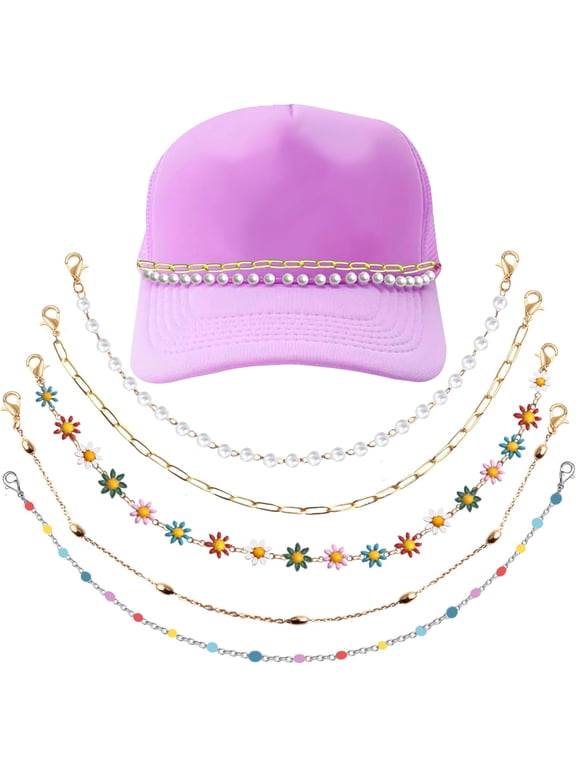 5pcs Trucker Hat Chains Golden Detachable Daisy Flower Pearl Hat Chains Metal Brass for Women Men Mesh Baseball Caps, DIY Trucker Hat Accessories for Hat Bill Decoration
