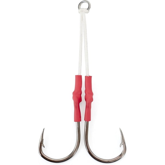 5pcs Twin Assist Hooks with Dyneema/Kevlar String Stainless Steel Hook with Solid Ring for Freshwater Saltwater Fishing