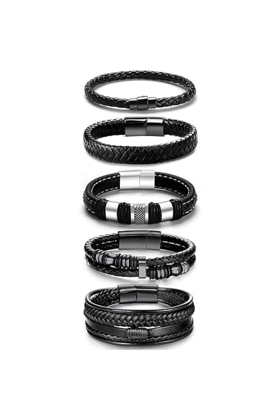 5pcs Unisex Black Leather Bracelets, 316L Stainless Steel Clasp, Braided Cuff Design, Multi-Style Wristbands for Daily Wear/Gifts
