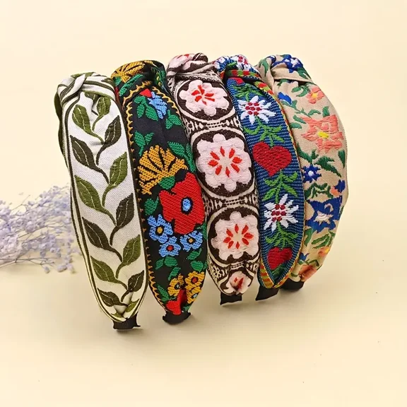 5pcs Vibrant Bohemian Embroidered Headbands - Wide, Handmade, Vintage-Inspired Hair Turbans with Floral Patterns - Perfect Hair Accessories for Women with Boho Chic Style