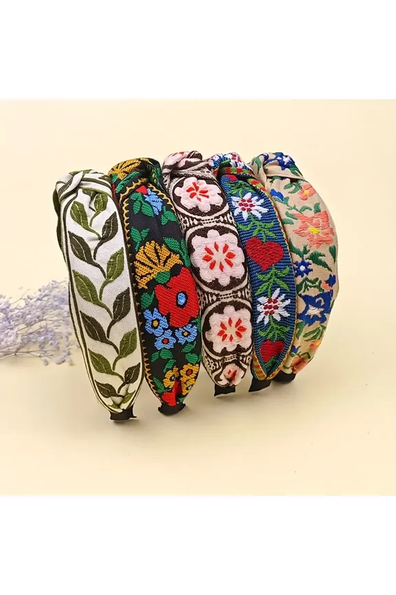 5pcs Vibrant Bohemian Embroidered Headbands - Wide, Handmade, Vintage-Inspired Hair Turbans with Floral Patterns - Perfect Hair Accessories for Women with Boho Chic Style