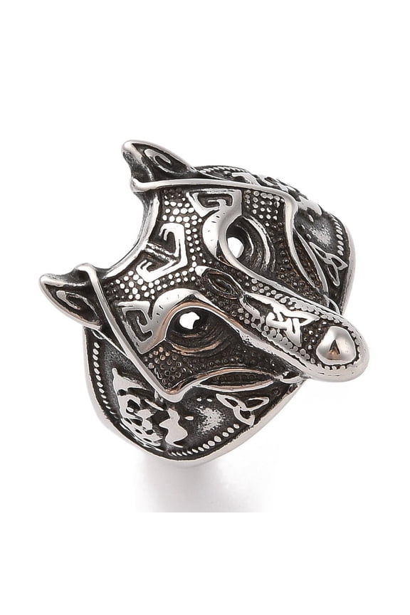 5pcs 304 Stainless Steel Wolf Head Wide Finger Rings for Mens Silver 26mm Size 12(21.4mm)