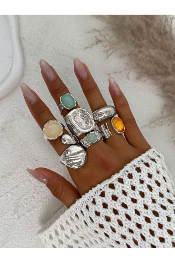 5pcs Vintage Asymmetrical Wide Silvertone Metal Rings Set With Multicolor Gemstones For Women Daily Party Jewelry