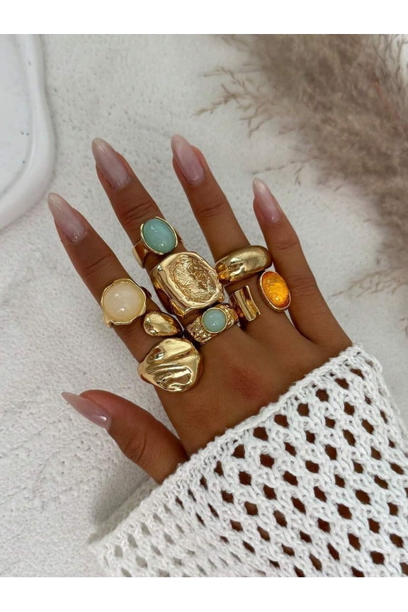 5pcs Vintage Asymmetrical Wide Yellow Gold-Tone Metal Rings Set With Multicolor Gemstones For Women Daily Party Jewelry