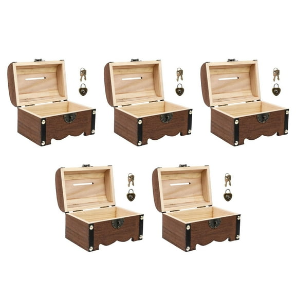 5pcs Vintage Wood Treasure Storage Box Piggy Bank Organizer Saving Box Case with Lock Decorative Coin Bank