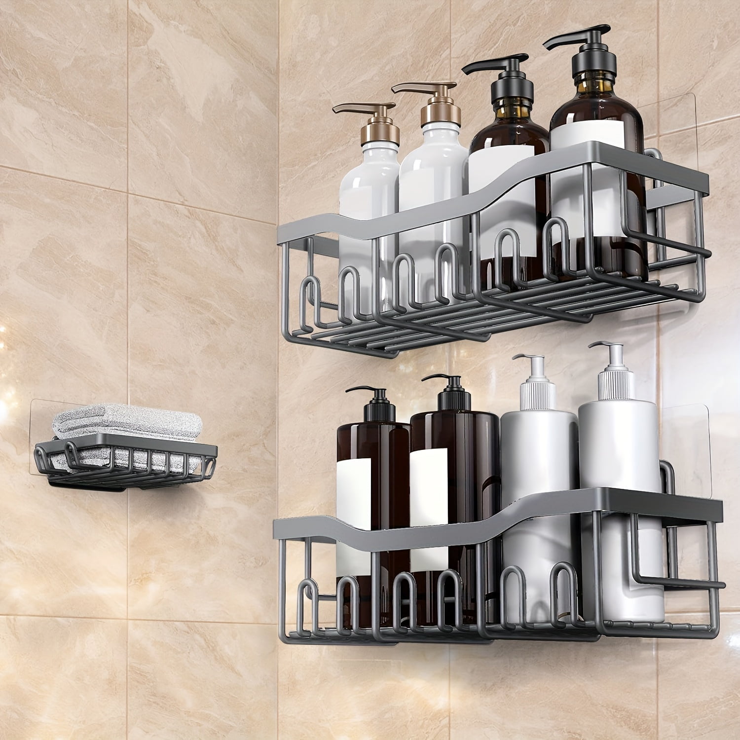 5pcs Wall Mounted Bathroom Storage Rack, Bathroom Hanging Shelf, Shower ...