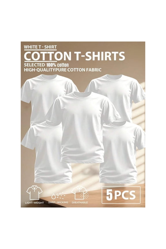 5pcs White 100% Pure Cotton Mens Crew Neck T-Shirt Lightweight Breathable Sweat-Wicking Casual Tee