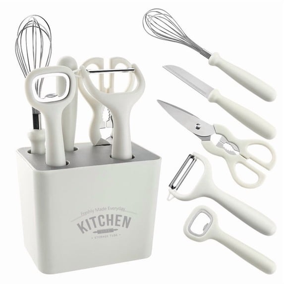 5pcs White Kitchen Gadget Set with Kitchen Peeler, Fruit Knife, Egg Beaters, Bottle Opener, Scissors, Kitchen Gadgets