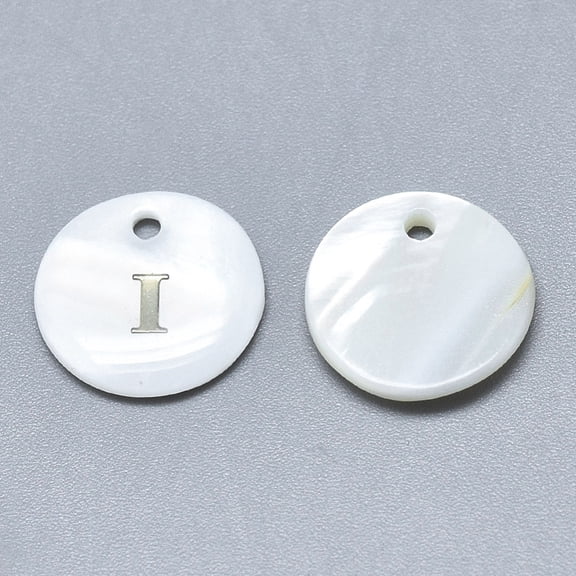 5pcs White Shell Mother of Pearl Shell with Iron Sticker Flat Round with Letter Letter.I 13x2mm Hole: 1.5mm