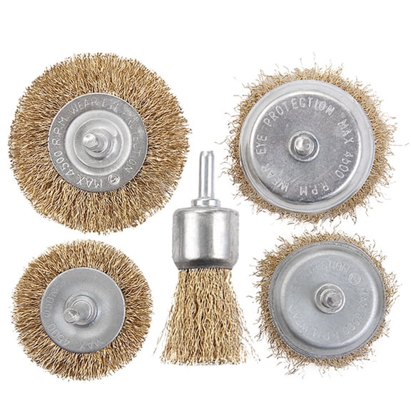 5pcs Wire Brush Drill Attachment Set Brass Coated for Cleaning Rust Hex Shank Fits Impact Driver