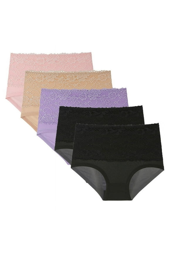 5pcs Womens High Waisted Seamless Underwear Lace Stretch No Show Tummy Control Panties Full Coverage Butt Lifting Briefs