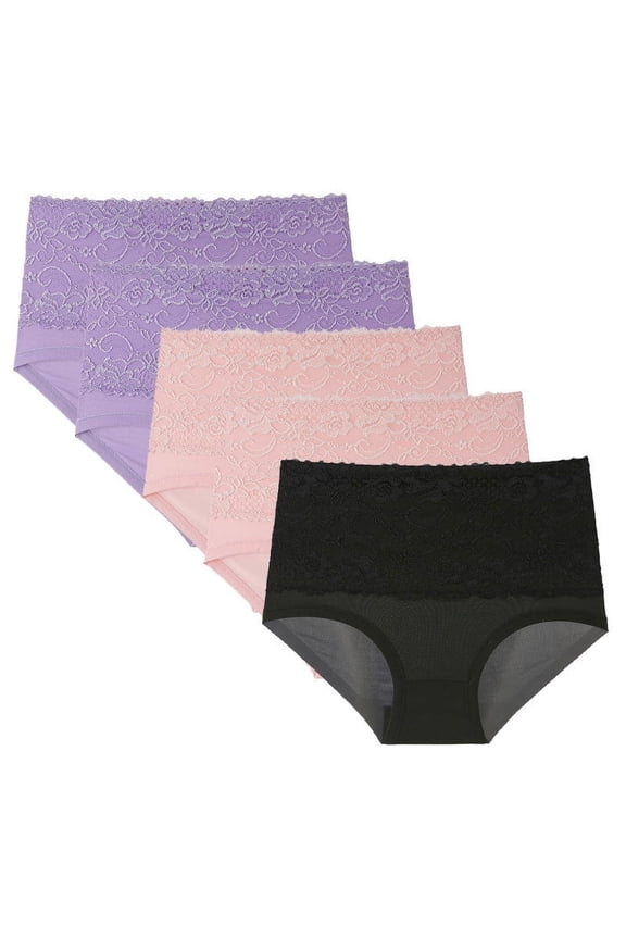 5pcs Womens High Waisted Seamless Underwear Lace Stretch No Show Tummy Control Panties Full Coverage Butt Lifting Briefs